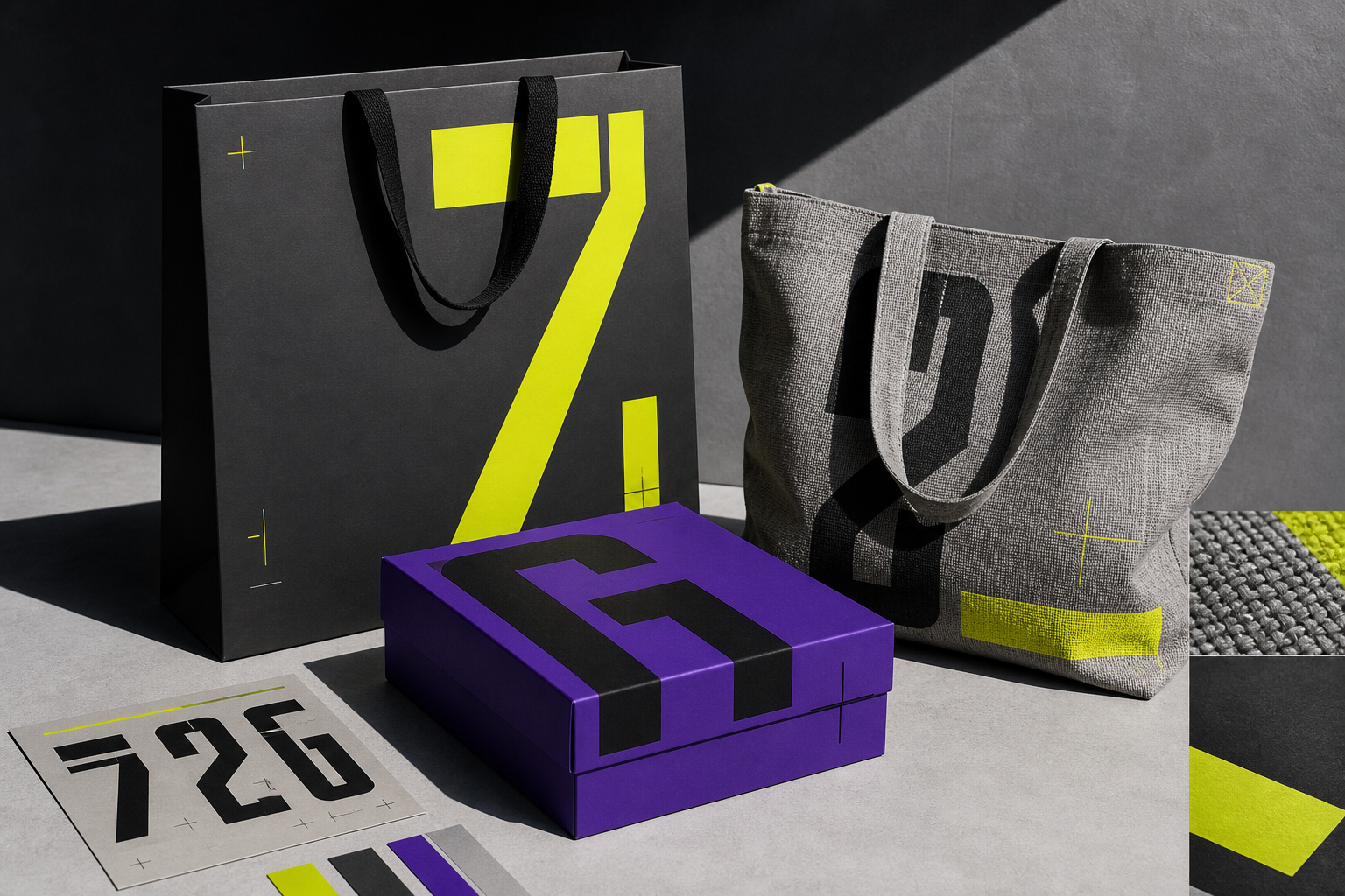 Illustrative paper bag, woven tote and violet box in a bold retail identity