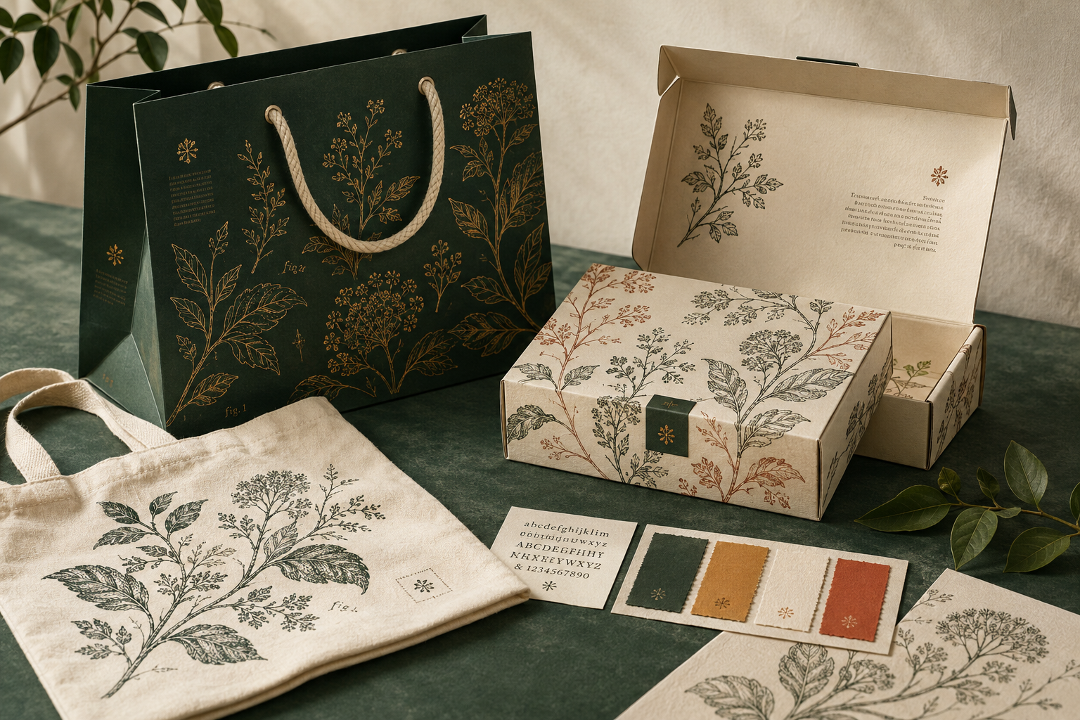Illustrative botanical print on a soft textile bag beside paper packaging