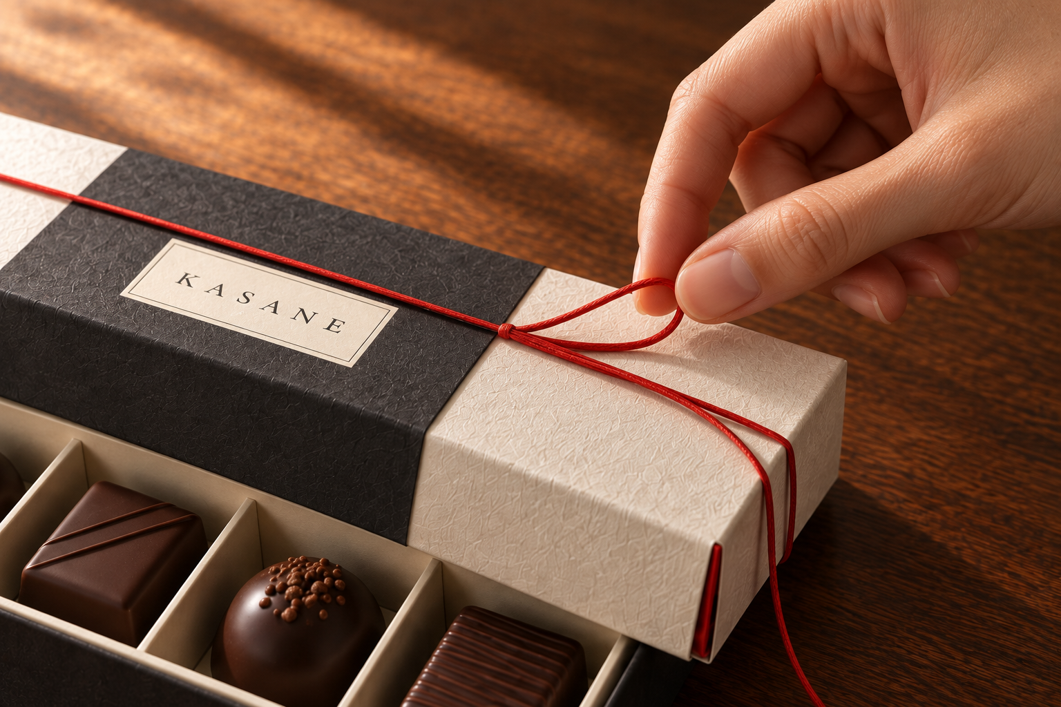 A hand lifts the vermilion cord from the ivory KASANE wrap beside the chocolate gift box