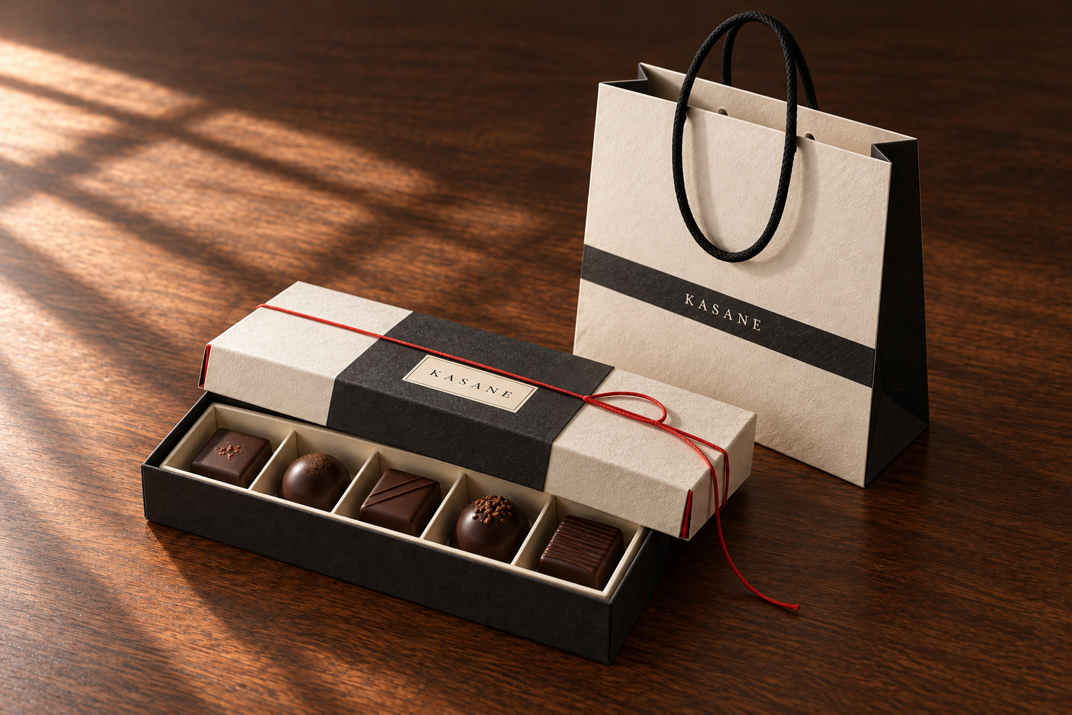 Concept: KASANE chocolate box with a red cord and an ivory paper carrier on dark wood