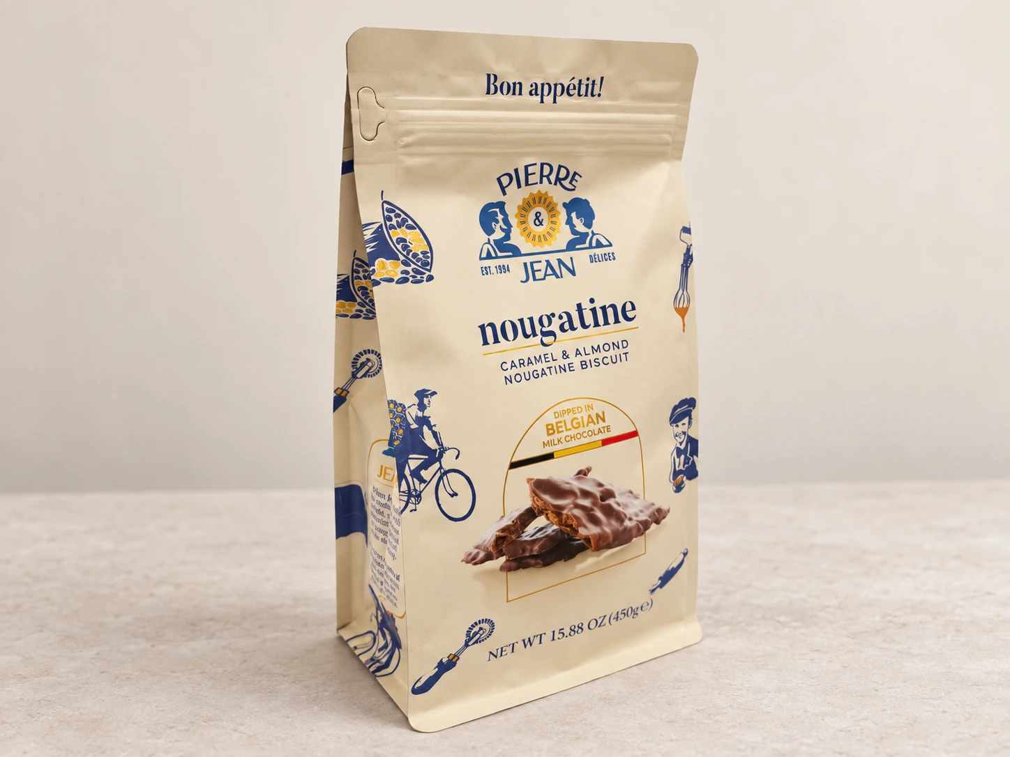 Printed stand-up food pouch with a flat base