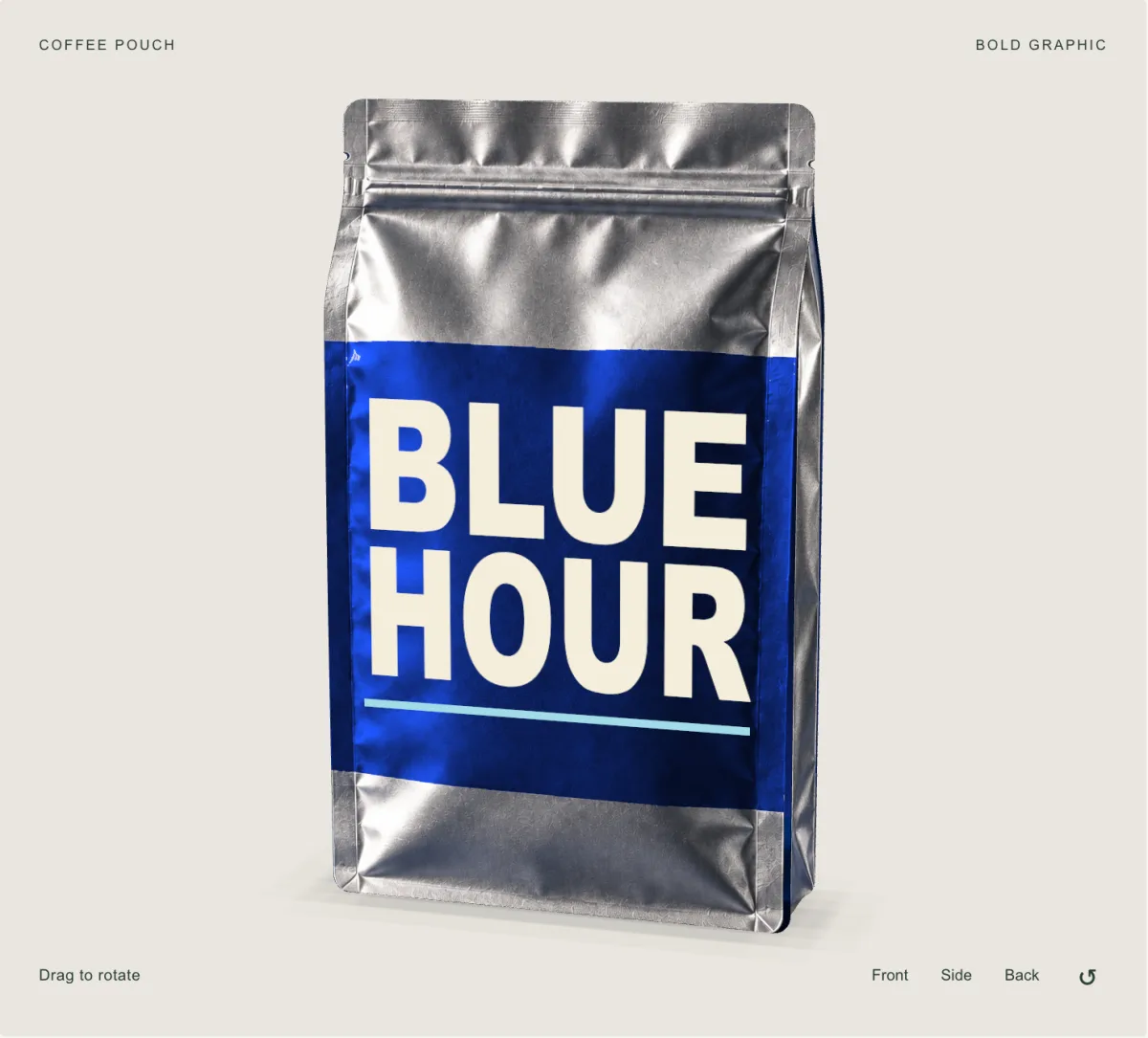 Studio view of a coffee pouch in the Bold graphic direction